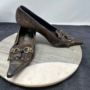 Foreva Brown Suede Studded Kiltie Kitten Heels Pointed Toe Pumps Sz 6 Boho Indie
